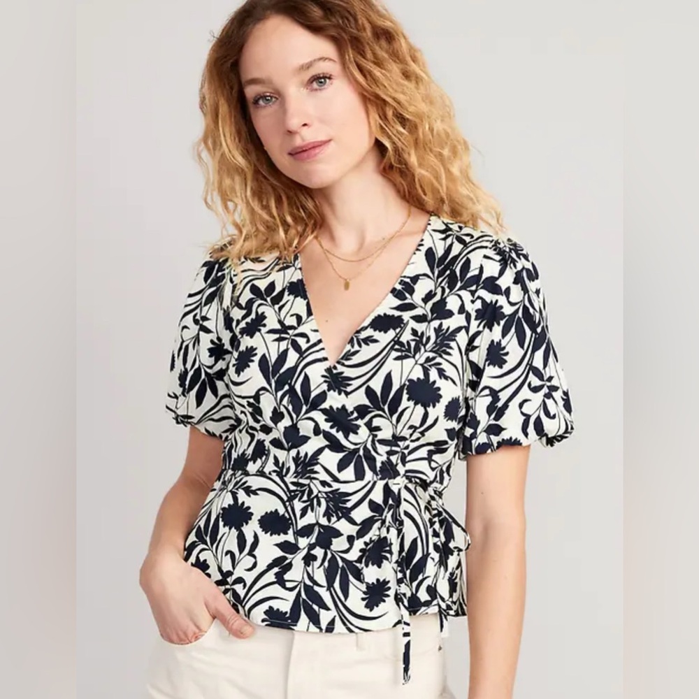 Old Navy Waist-Defined Puff-Sleeve Tie-Wrap Blouse